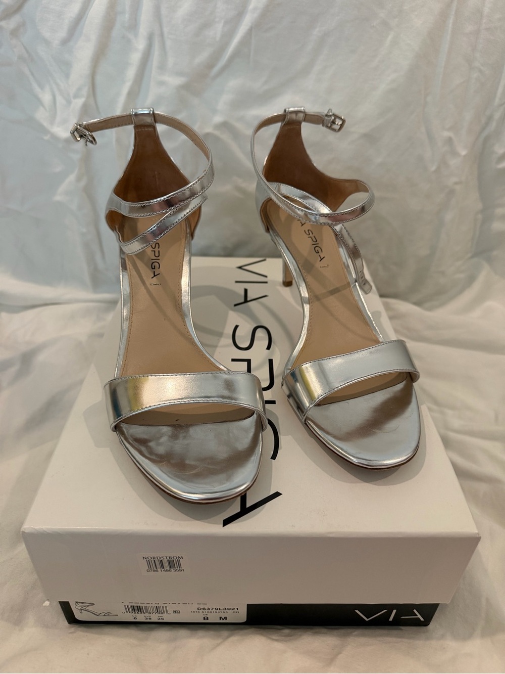 Via Spiga Silver Metallic Strappy Ankle‑Wrap Heels